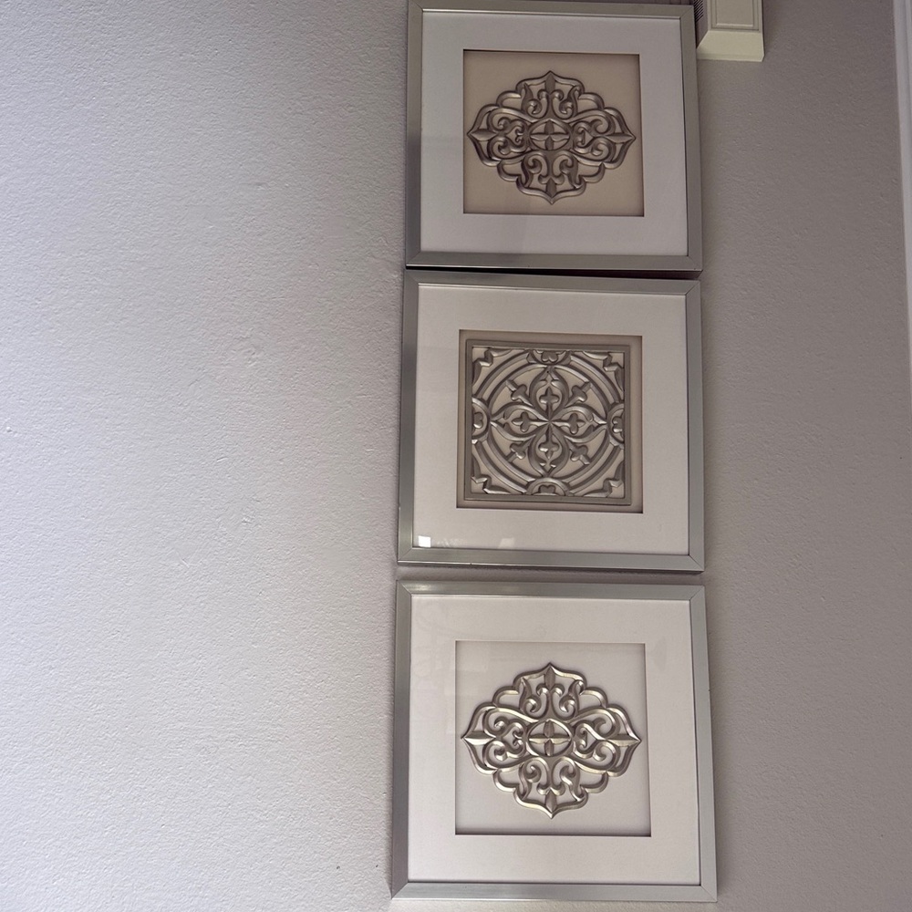 Neutral Silver Wall Art Trio - Decorative Metal Medallion Frames